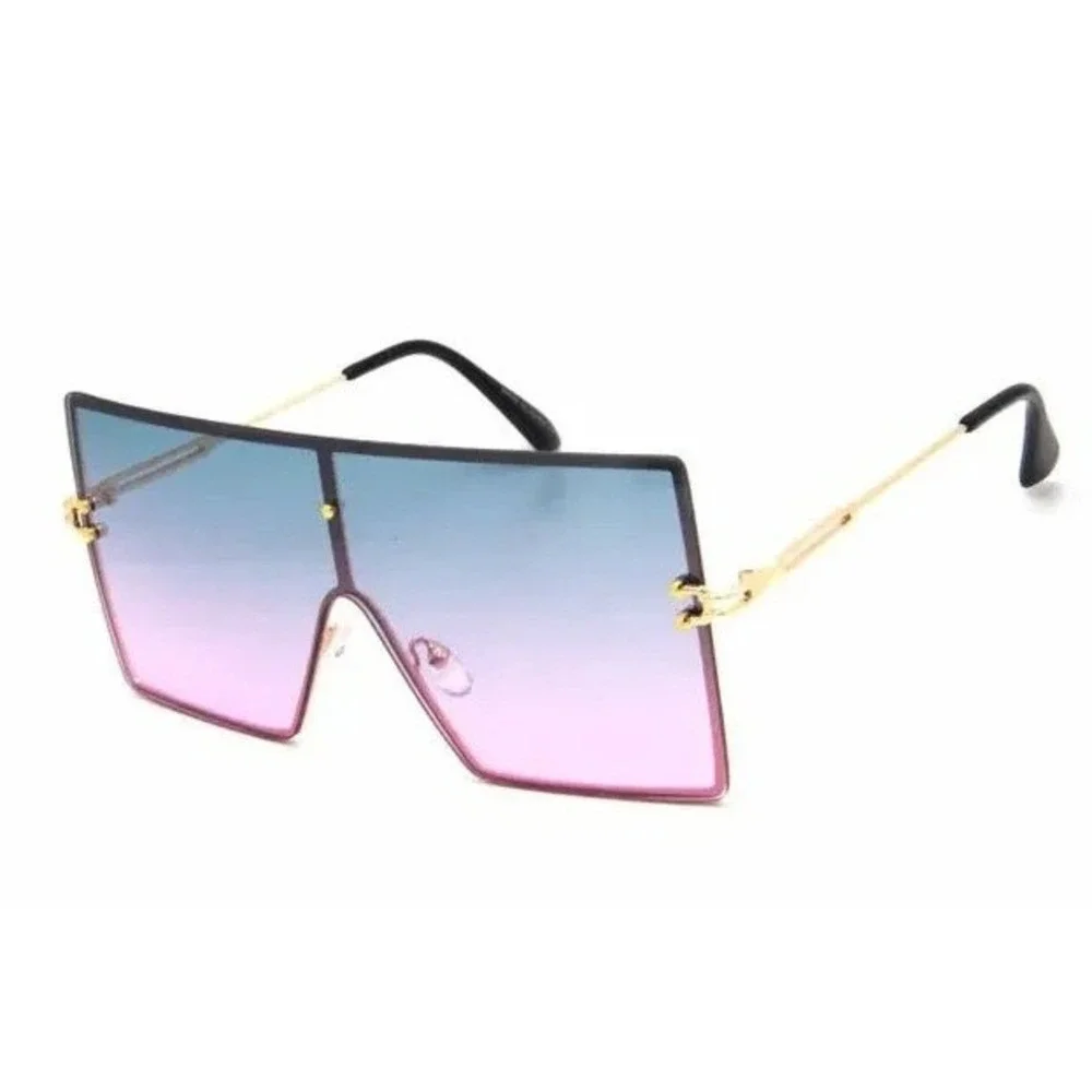 Womens Oversized Rectangular Sunglasses Blue Pink Gradient Gold Frame Female New